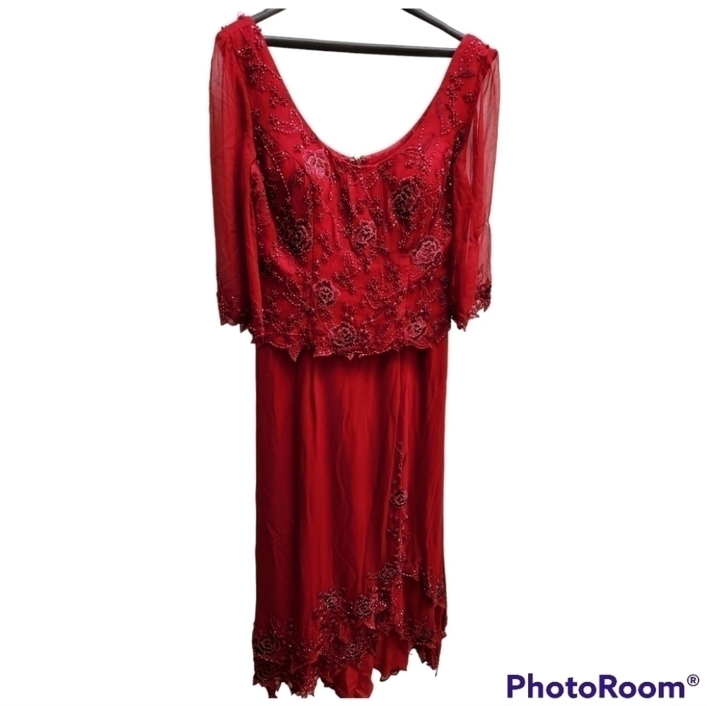 Cameron Blake beaded mother of the bride formal silk dress sz 12 wine red